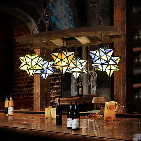 Rustic Stained Glass Star Chandelier with 6 Multi-Color Lights - Perfect for Bars and Lofts