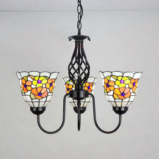 Orange Tiffany Stained Glass Pendant Chandelier with Adjustable Chain and 3 Gooseneck Lights