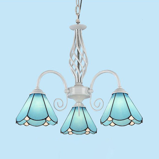 Traditional 3-Light Blue Glass Cone Chandelier For Dining Room With Hanging Chain