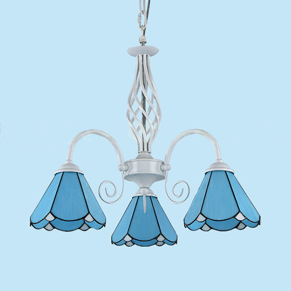 Traditional Blue Glass Cone Chandelier with 3 Lights for Dining Room