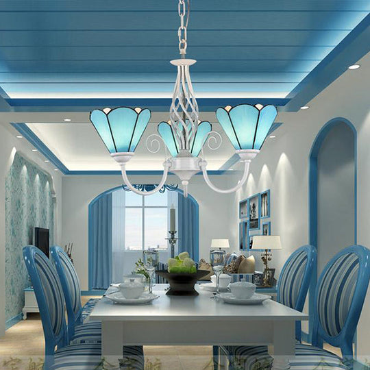 Traditional Blue Glass Cone Chandelier with 3 Lights for Dining Room