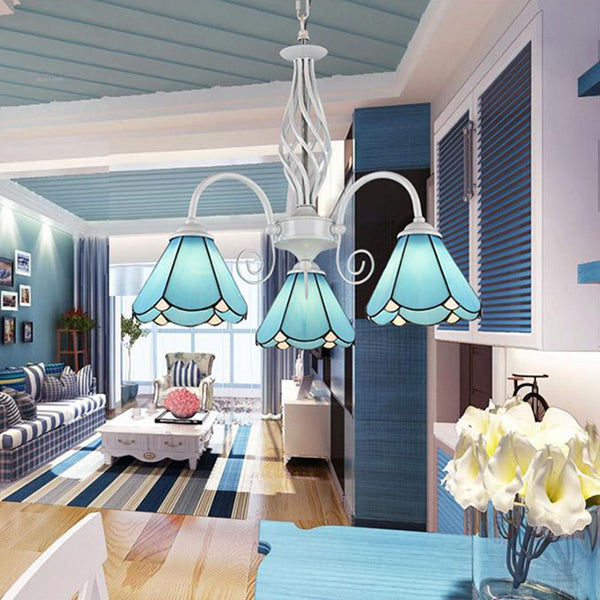 Traditional 3-Light Blue Glass Cone Chandelier For Dining Room With Hanging Chain