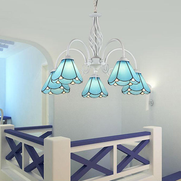 Vintage Blue Stained Glass Cone Chandelier with Chain and Gooseneck Design - 5 Lights