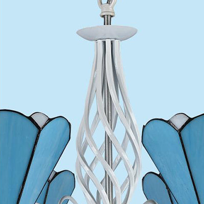 Vintage Blue Stained Glass Cone Chandelier with Chain and Gooseneck Design - 5 Lights