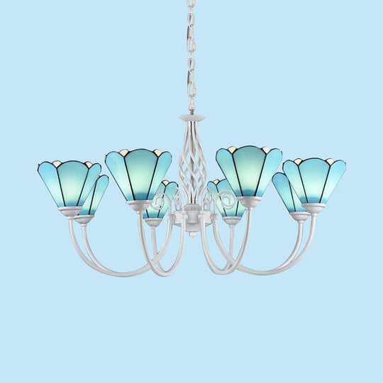 Traditional Multi Light Conical Chandelier With White Gooseneck And Blue Glass Pendant For Living