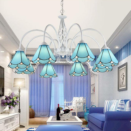 Conical Chandelier with Multi Lights and Traditional Blue Glass Pendant for Living Room