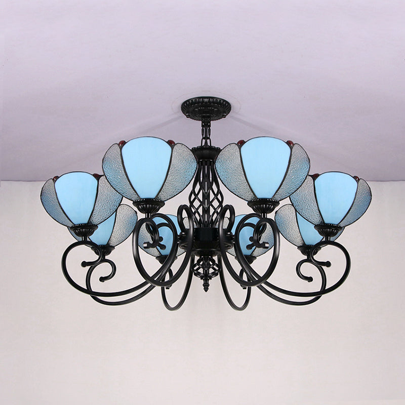 Rustic Petal Shape Chandelier - Light Blue and Clear Glass Shade - 8-Light Pendant Light for Hallway