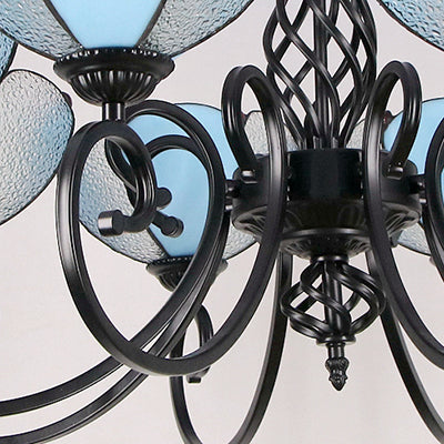 Rustic Petal Shape Chandelier - Light Blue and Clear Glass Shade - 8-Light Pendant Light for Hallway