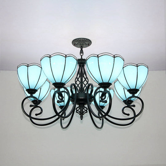 Loft Style Stained Glass Chandelier – Blue Scalloped Hanging Light with Curved Arm (8 Lights)