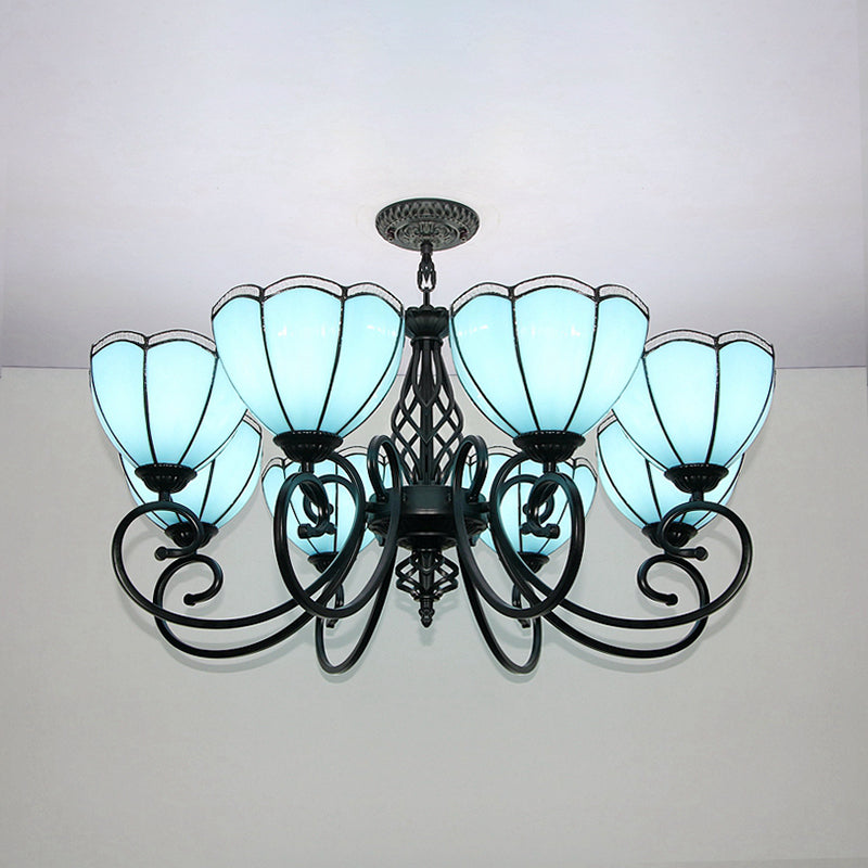 Loft Style Blue Stained Glass Chandelier: Scalloped Hanging Light With Curved Arm 8 Lights