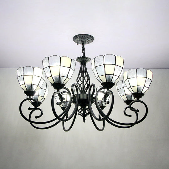 Tiffany 8-Light Bowl Hanging Chandelier With Curved Black Arm - White Indoor Pendant For Hall