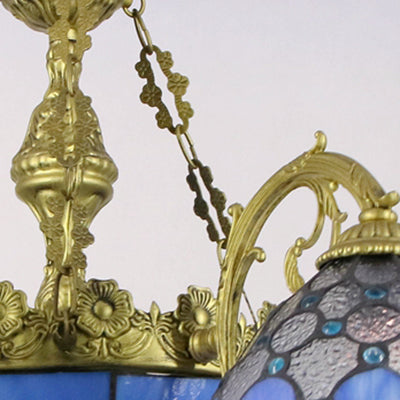 Blue Stained Glass Mediterranean Pendant Lamp With Multi Light Dome