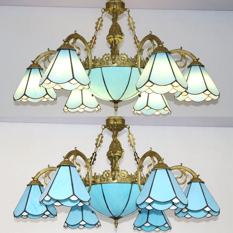 Vintage Conical Pendant Lighting with Blue Glass Shade for Traditional Living Room