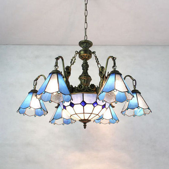 Blue Tiffany Stained Glass Pendant Chandelier - 9-Light Conical Hanging Light for Dining Room