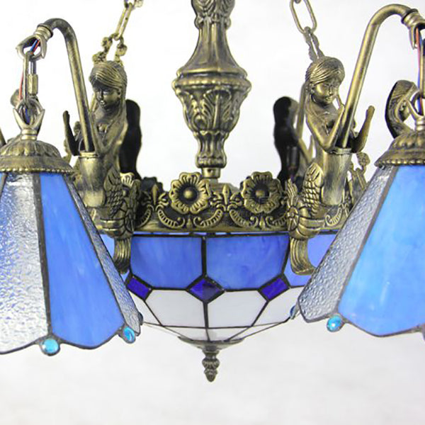 Tiffany Stained Glass Hanging Light - Blue 9 Lights Pendant Chandelier For Dining Room