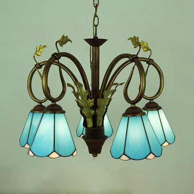 Blue Stained Glass Cone Ceiling Pendant Chandelier - 5-Light Traditional Hanging Foyer Fixture