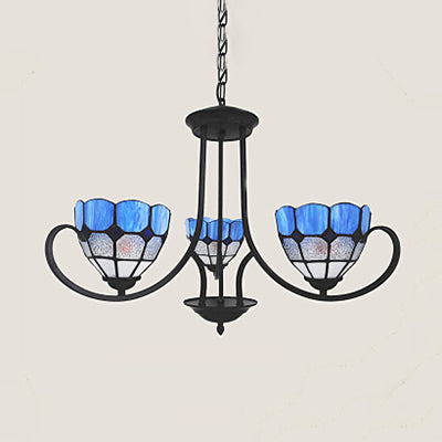 Blue Stained Glass Pendant Light With 3 Baroque Bowl Shades For Foyer Ceiling