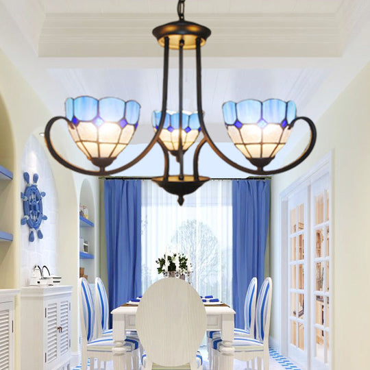 Baroque Bowl Hanging Ceiling Light - Blue Stained Glass Pendant Lighting for Foyer - 3 Lights