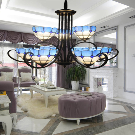 Light Blue Glass Chandelier with Multiple Bowls in Black Finish for Living Room Ceiling