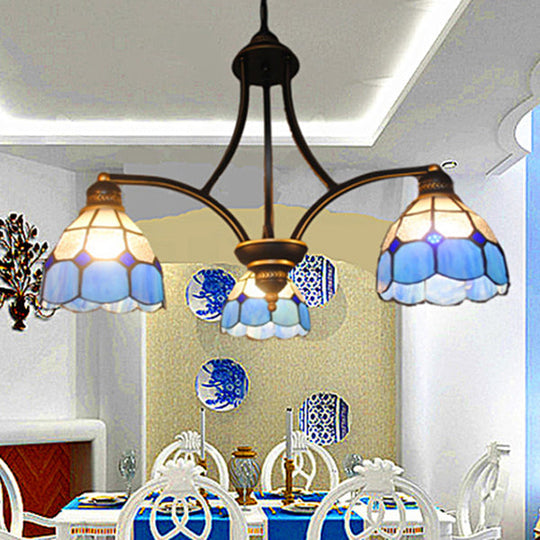 Blue Stained Glass Domed Chandelier Light - 3 Lights - Indoor Hanging Light for Dining Table