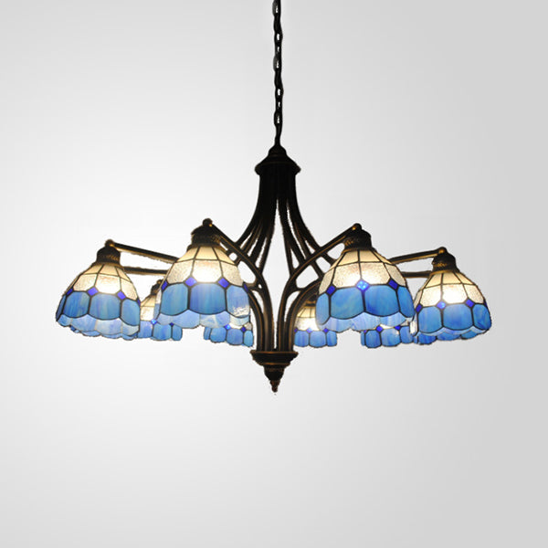 Blue Glass Dome Chandelier: Mediterranean Style Pendant Lighting for Dining Table - 8 Lights