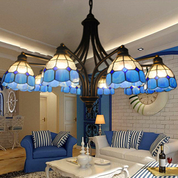 Mediterranean Dome Chandelier - 8-Light Blue Glass Ceiling Pendant For Dining Table