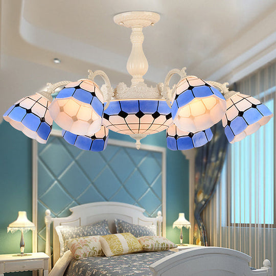 Blue Stained Glass Semi Globe Ceiling Chandelier: Multi Light Indoor Lighting Fixture for Bedrooms