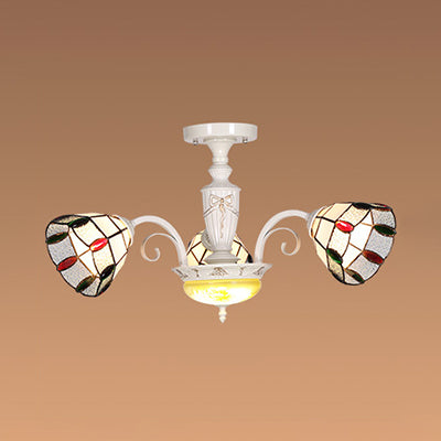 White Stained Glass Chandelier with Bead Decoration - 3-Light Dome Ceiling Light for Dining Room