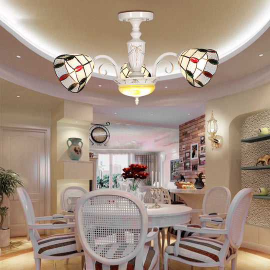 White Stained Glass Chandelier with Bead Decoration - 3-Light Dome Ceiling Light for Dining Room