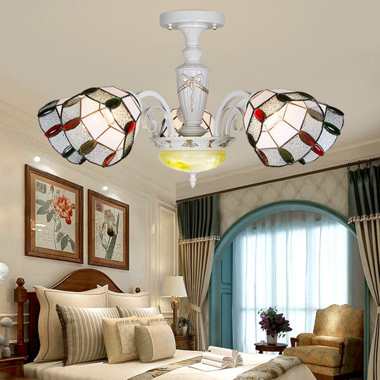 White Semi Globe Ceiling Chandelier with Colorful Bead Accent - 5-Light Traditional Pendant Light for Bedroom