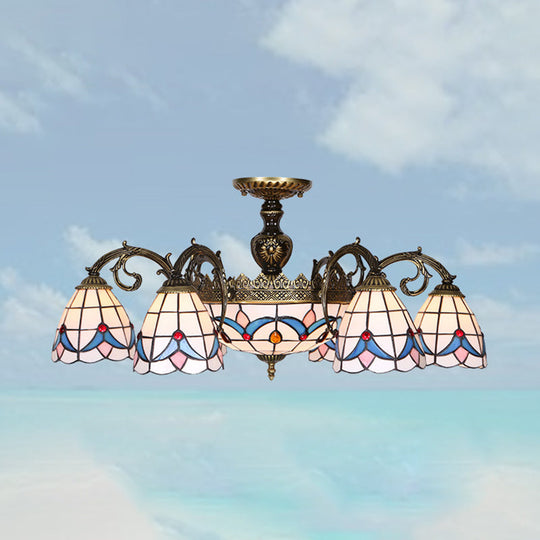 Stained Glass Magnolia Ceiling Chandelier with Brass Finish - Tiffany Style Lighting