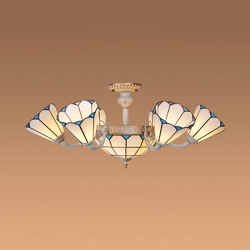 Classic Hanging Cone Ceiling Light with White Glass Shade - Multi Light Chandelier