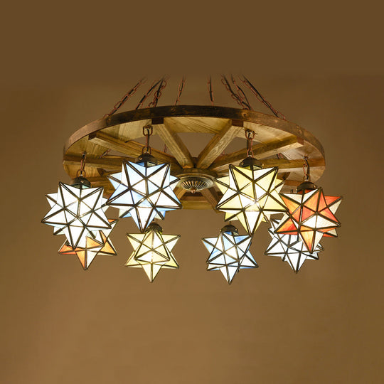 Rustic Brass Wheel Pendant Light Stained Glass Star Shade Chandelier For Foyer