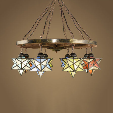 Rustic Brass Wheel Pendant Light Stained Glass Star Shade Chandelier For Foyer