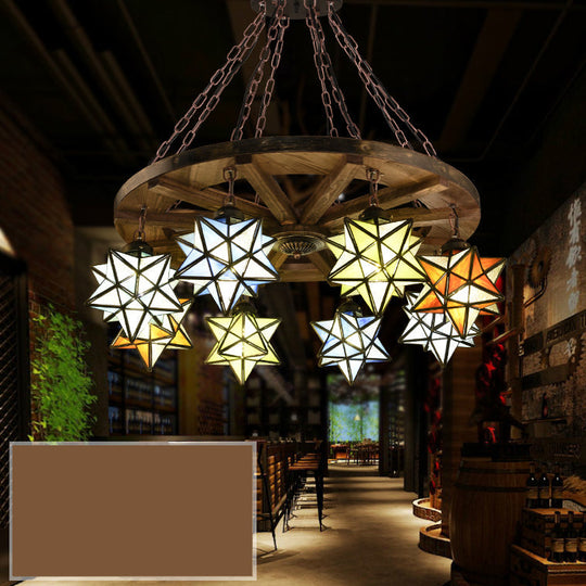 Rustic Brass Wheel Pendant Light Stained Glass Star Shade Chandelier For Foyer Antique Bronze