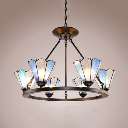 Blue Stained Glass Conical Pendant Chandelier with 6 Lights - Traditional Lamp