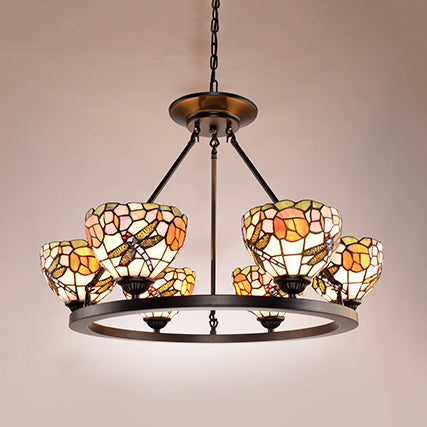 Dragonfly Glass Bowl Suspension Chandelier: Elegant 6-Light Indoor Lighting For Foyer Black