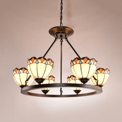 Tiffany Pendant Chandelier with Scalloped Edge and 6 Lights - Stained Glass Ceiling Light for Bedroom