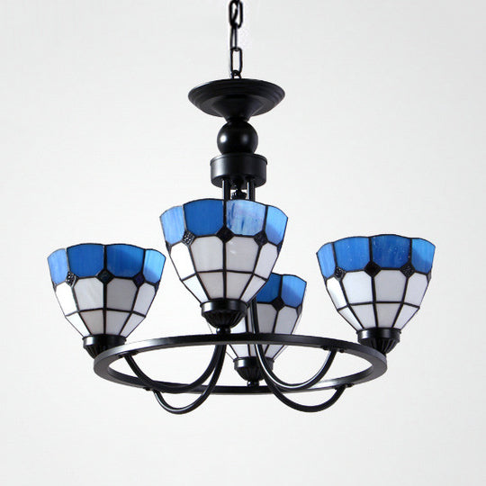 Mediterranean Chandelier Blue Glass Ceiling Light with 4 Hanging Lights for Bedroom