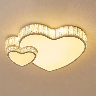 Modern White Double Heart LED Flushmount Light with Clear Crystal Deco – Stylish Acrylic Ceiling Light for Bedroom