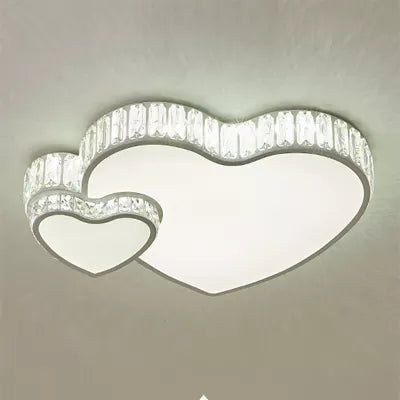 Modern White Double Heart LED Flushmount Light with Clear Crystal Deco – Stylish Acrylic Ceiling Light for Bedroom