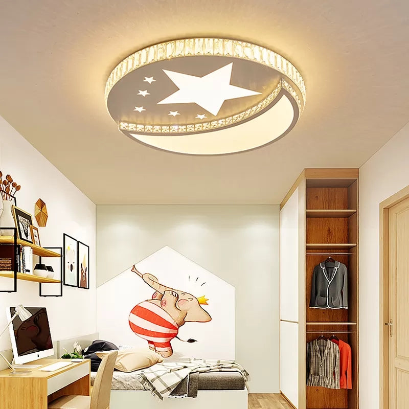 White Star and Moon Ceiling Light – Crystal Accent, Acrylic LED Lamp for Study Room