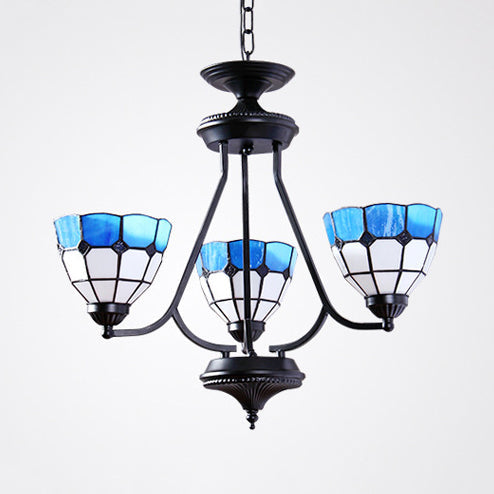 Baroque Chandelier: 3-Light Bowl Hanging Light With Adjustable Metal Chain And Blue Glass