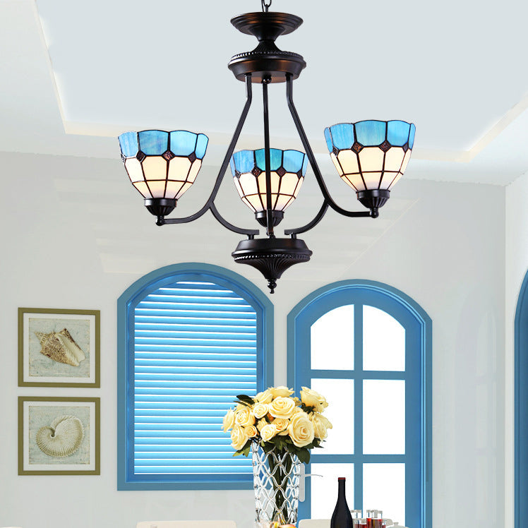 Baroque Chandelier: 3-Light Bowl Hanging Light With Adjustable Metal Chain And Blue Glass