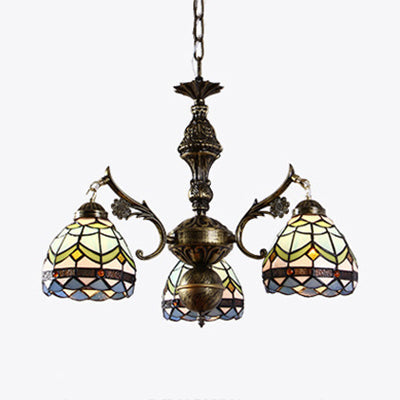 Blue Stained Glass Semi Globe Chandelier With Hanging Chain - Elegant Baroque Ceiling Pendant