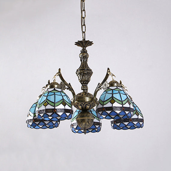 Blue Baroque Dome Stained Glass Chandelier - 5 Light Suspension Lamp for Living Room