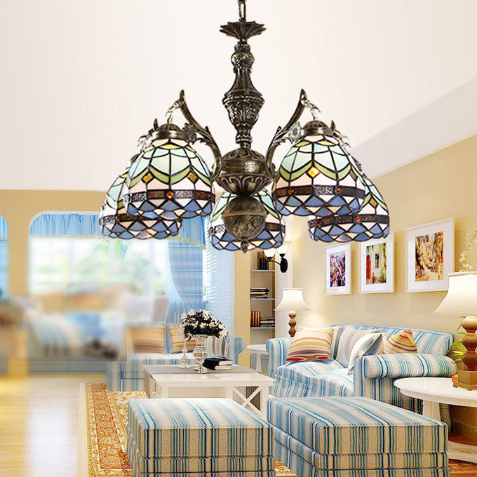 Baroque Dome 5-Light Stained Glass Chandelier In Blue Perfect For Living Room