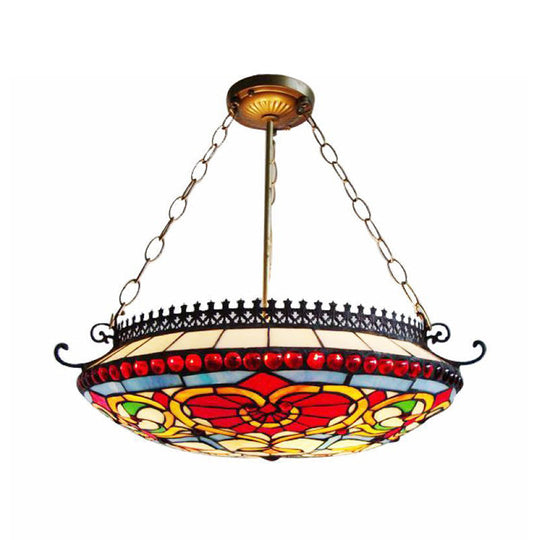 Red Stained Glass Victorian Bowl Chandelier - Elegant Hanging Ceiling Light For Living Room