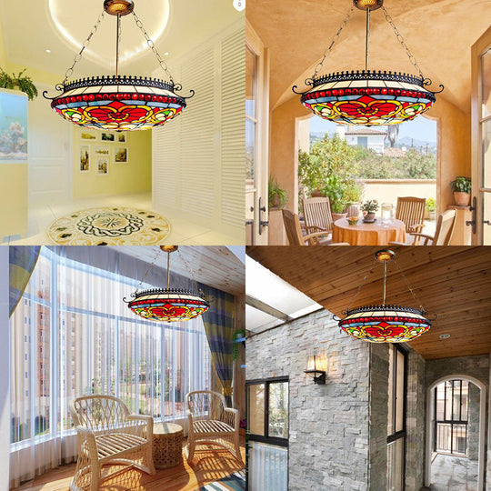 Red Stained Glass Victorian Bowl Chandelier - Elegant Hanging Ceiling Light For Living Room