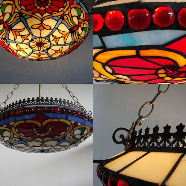 Red Stained Glass Victorian Bowl Chandelier - Elegant Hanging Ceiling Light For Living Room